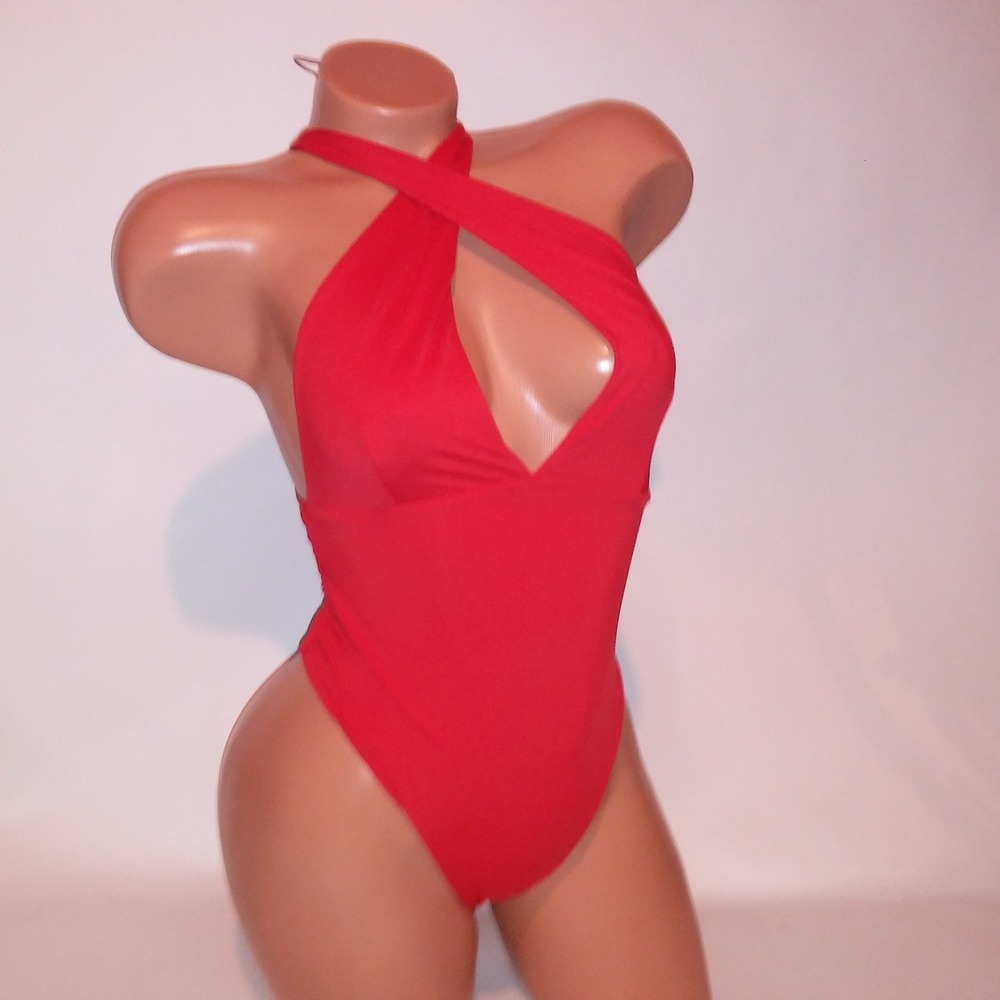 Bahimi Swim One Piece Small Red Solid Strappy Pull On Wireless